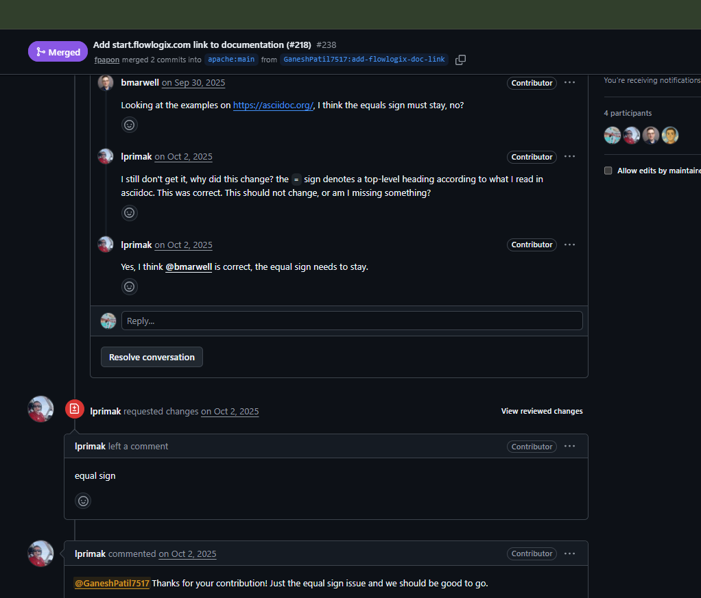 Screenshot of merged Apache Pull Request