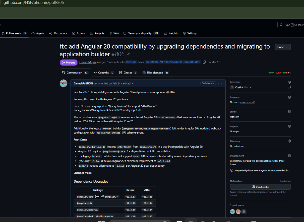 Screenshot of merged CERN Phoenix Pull Request